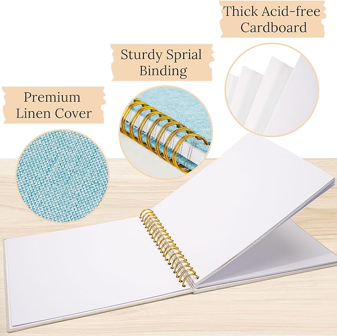 Scrapbook Photo Album Linen Cover, 8 x 8 Inch Hardcover Kraft White Pages Memory Book, for Travel Wedding Guest Book Christmas Baby Shower (20 Sheets/ 40 Pages,Light Blue)