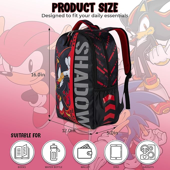 AI ACCESSORY INNOVATIONS Sonic The Hedgehog Backpack for Boys & Girls, Shadow 16 Inch Schoolbag with Reflective Ink, Black