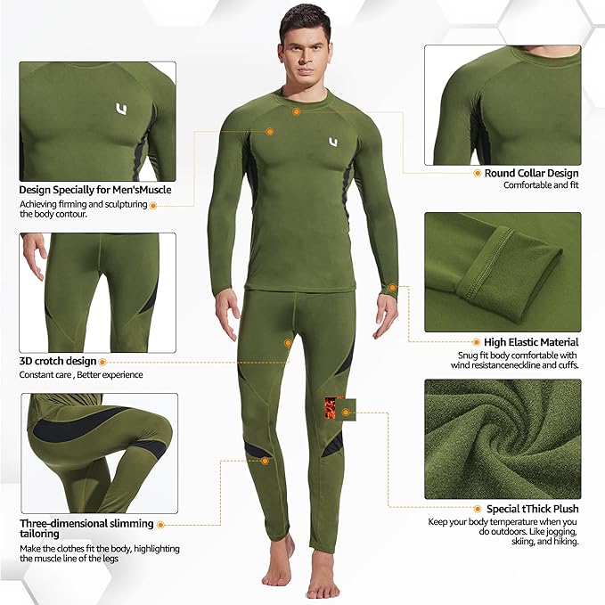 UNIQUEBELLA Men's Thermal Underwear Sets Top & Long Johns Fleece Sweat Quick Drying Thermo Base Layer