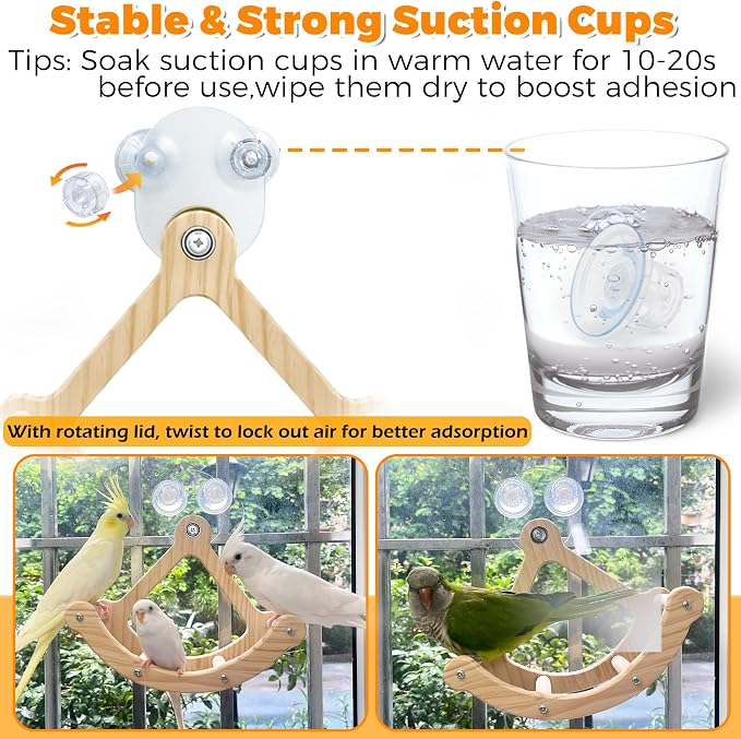 Rocking Bird Toys Perch for Window and Cage, Wooden Bird Perch Puzzle | Wall Suction Mount, Parrot Toys for Medium Birds, Enrichment Cockatiel Toy Fun and Accessoriess for Budgie, Lovebird, Conure