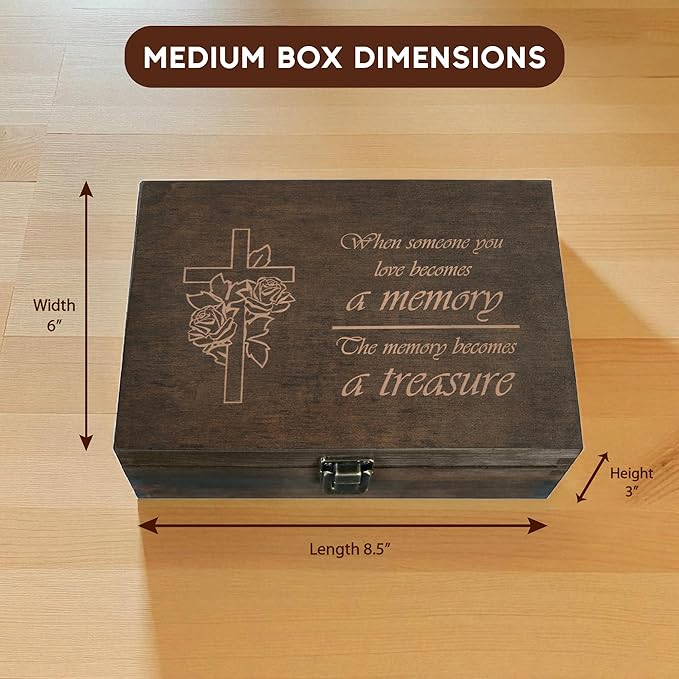 Engraved Memorial Memory Box – Wooden Keepsake Box for Loss of Loved One or Pet – Sympathy Gift – Medium Size – Dark Walnut Finish – 8.5 x 6 x 3 in