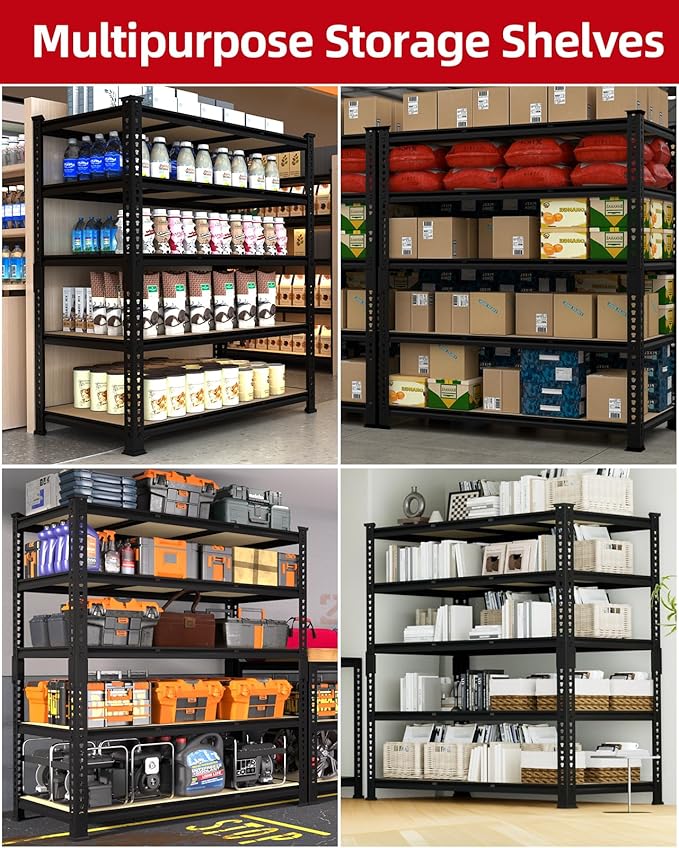 PrimeZone 36" x 16" x 72" Heavy Duty Storage Shelves - 5 Tier Adjustable Garage Storage Shelving, Metal Storage Utility Rack Shelf Unit for Warehouse Pantry Closet Kitchen, Black, 2 Pack