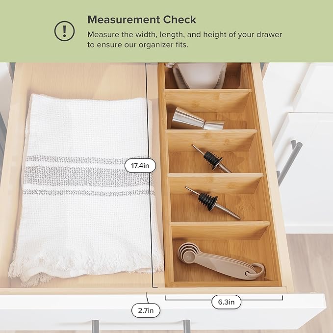 KitchenEdge Premium Kitchen Utensils and Junk Drawer Organizer – Small 5-Compartment Design with 4 Removable Dividers, Non-Slip Feet, 100% Sustainable Bamboo