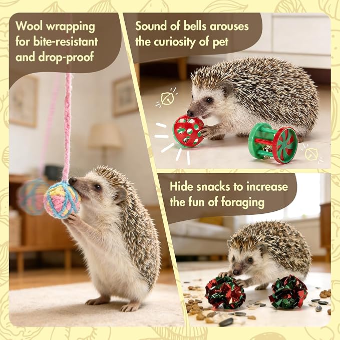 Dig-Box Tray for Hedgehog, Multi-Type Hedgehog Enrichment Set with Furry Ball and Jingle Bell, Hedgehogs Accessories, Ball Toys for Hamster, Kitten Cat, Ferrets and Small Animal