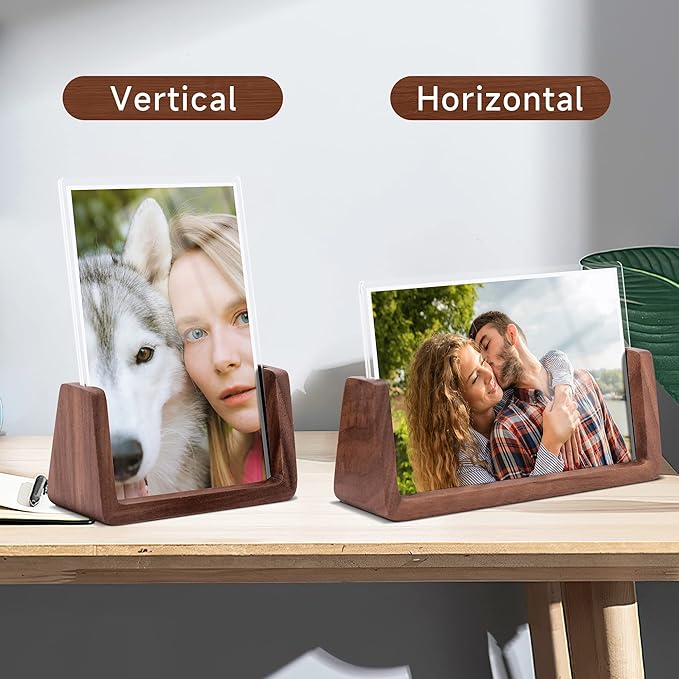 4x6 Picture Frame - 2 Pack, Rustic Wooden Photo Frame with Walnut Wood Base and High Definition Acrylic Glass Covers for Tabletop or Desktop Display (4x6 inch, Horizontal + Vertical)