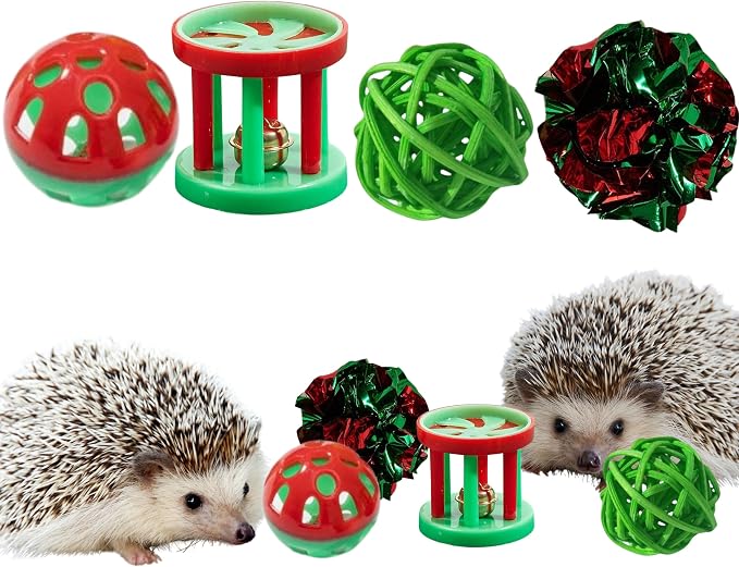 4 Pcs Toys for Hedgehogs Small Animal Accessories, Hedgehog Toys For Cage And Bell Ball, Hedgehog Enrichment Toy, Funny Balls Toy For Hamster Ferret Chinchilla Cat, Hedgehogs Accessories (Ball Bell)