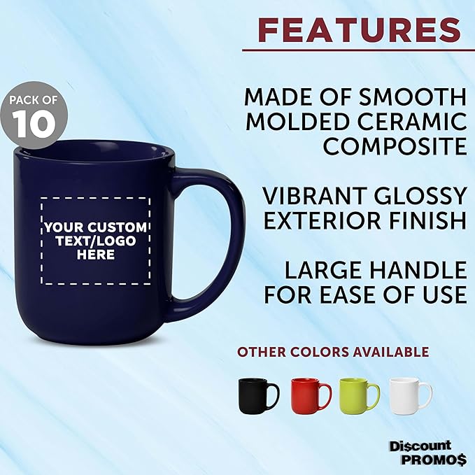 DISCOUNT PROMOS Custom Vibrant Color Glossy Ceramic Mugs 16 oz. Set of 10, Personalized Bulk Pack - Perfect for Tea, Espresso, Cappuccino, Hot Cocoa - Cobalt Blue