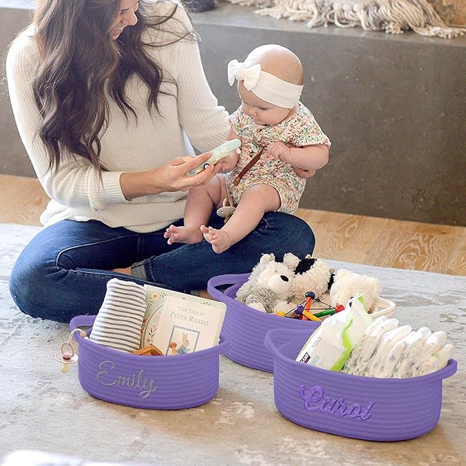 HUTARIO Personalized Woven Basket Embroidered Name with Gift Bags and Ribbons,Empty Small Rope Basket，Durable Storage Custom Purple Basket with Handles for Baby Showers,12"×8"×5"