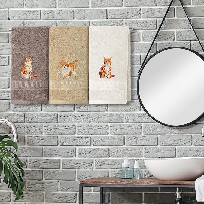 3 Pcs Orange Cat Hand Towels Bathroom Sets Decor | Cute Orange Cat Lover Gifts, Funny Decorative Farmhouse, 100% Cotton, Embroidered Towels for Bathroom Kitchen 13.3 x 29.5''