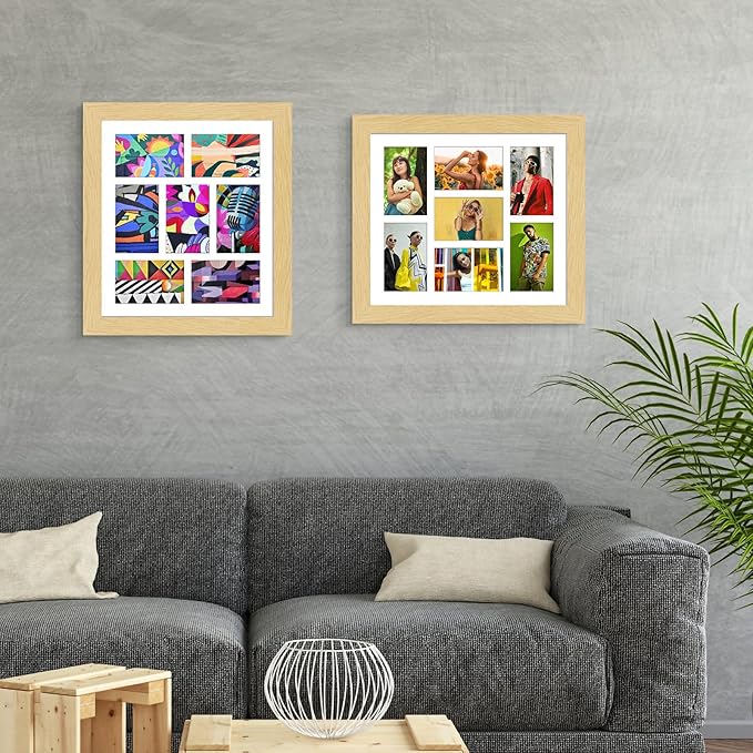 13.5x15.5 Picture Frame Display 7 opening 4X6 Picture Frame Collage,Multi Photo Frame with Mat,Plexiglass,Wall or Tabletop Decor,Natural Wood Grain