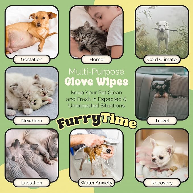 FURRYTIME Pet Cleaning Glove Wipes for Dogs & Cats, 30 Gloves, Hypoallergenic Pet Wipes Disposable No-Rinse Grooming, Extra Thick Bathing Wipes, Pet Dry Cleaning Paws, Coat, Ears, Eye Area, Butt | Hypoallergenic, Lick-Safe, Full-Body Grooming & Deodori...