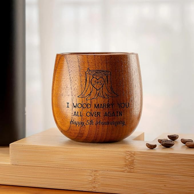 Personalized 5th Anniversary Wedding Gifts - I Wood Marry You All Over Again Wooden Whiskey Glass - Engraved 10 oz Bourbon Gifts for Husband, Boyfriend