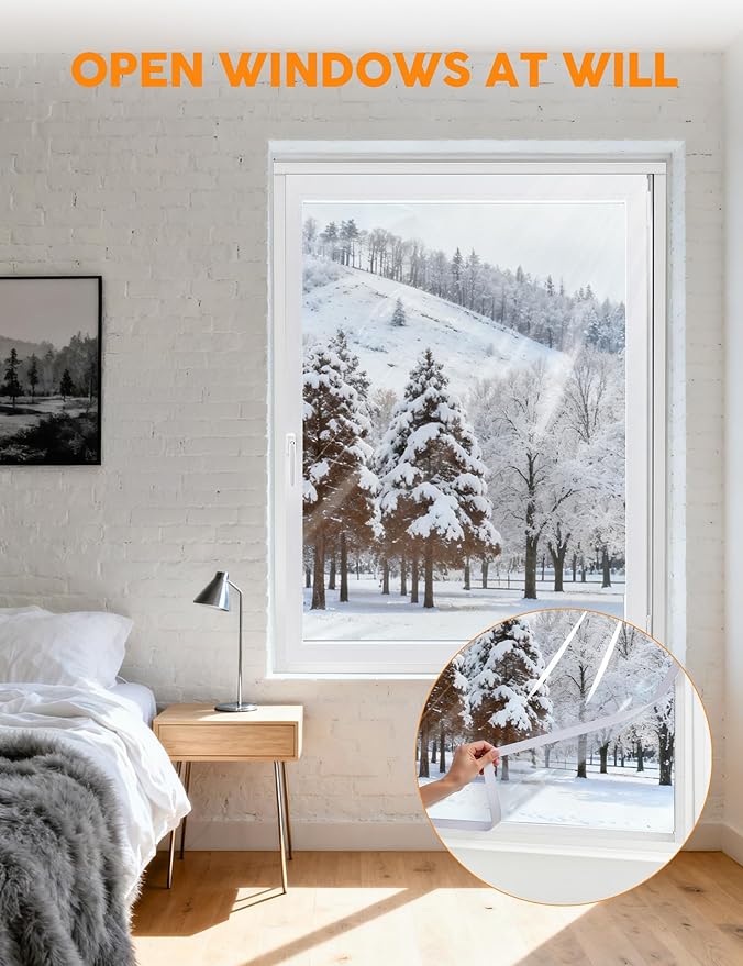 Ready-to-Install Plastic Window Insulation Film 31″×57″ (Fits 28″×54″ Windows), Reusable Clear Draft Protection Window Cover with Built-in Hook & Loop Edge, No Cutting or Messy Tape