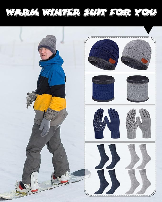 10 Pieces Winter Hat Beanie Scarf Touch Screen Gloves and Sock Set Slouchy Knit Skull Cap Beanies Fleece Lining Neck Warmer