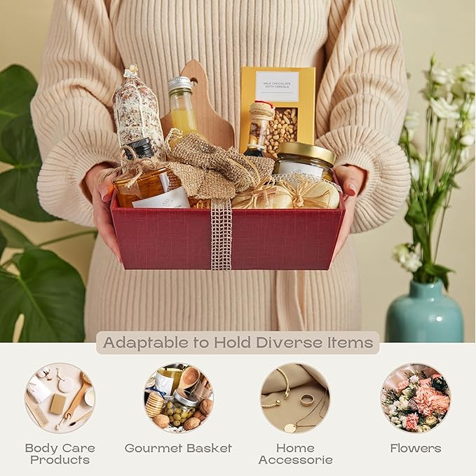 Pack of 5 Empty Baskets for Gifts - Gift Baskets Empty to Fill Ideal for Christmas Gifts and Valentines Presents | 9" x 6.69" x 3.14" Burgundy Silk