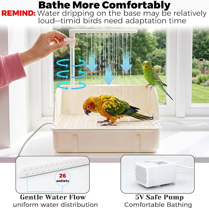 Automatic Parakeet Bird Bath with Pump & Control Valve for Tame Birds | Large Bird Shower Fountain Indoor Bathtub, Parrot Bath Tub Faucet for Pet Birds, Cockatiel, African Grey, Conure, Lovebird
