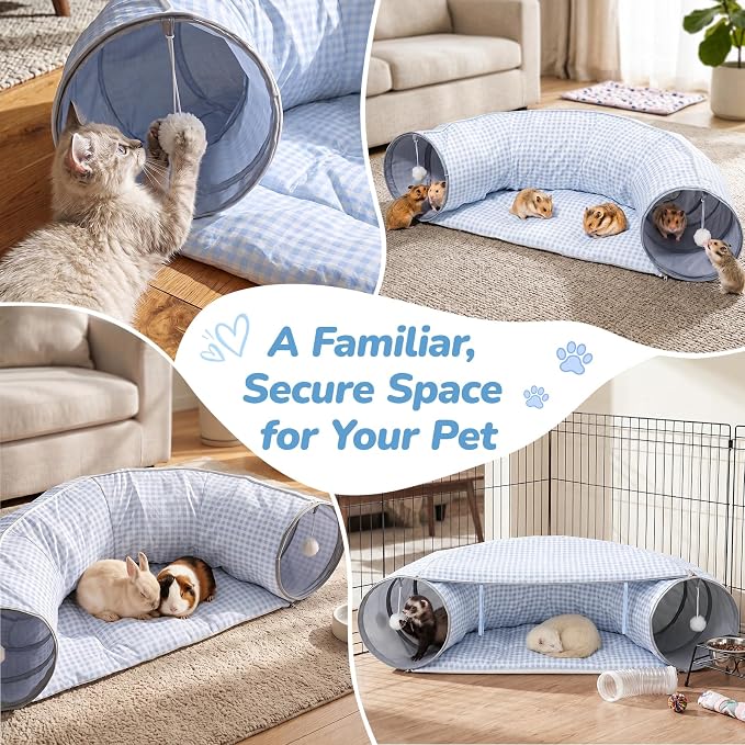 Bunny Tunnel Bed, 2-in-1 Collapsible Rabbit Guinea Pig Hideout, Blue | Removable Mat, Small Animal Tubes, Pet Rest Play Toy Indoor for Cats Kittens Rabbits Bunnies Ferret