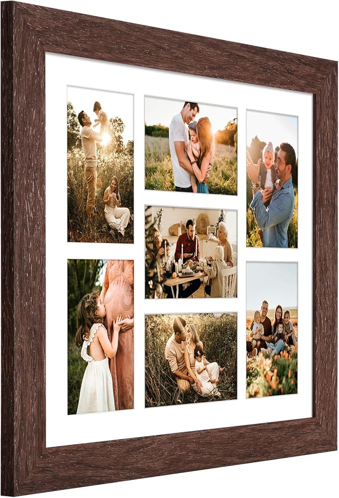 13.5X15.5 Picture Frames Collage with 7 Openings 4X6 Pictures, Multi Photo Frame with Mat for Wall Hanging Decor, Walnut Wood Grain