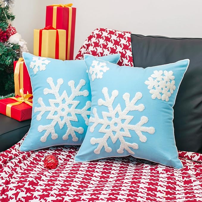 Elife Soft Square Christmas Snowflake Home Decorative Canvas Cotton Embroidery Throw Pillow Covers 18x18 Cushion Covers Pillowcases for Sofa Bed Chair (1 Pair, Sky Blue)