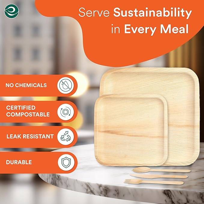 ECO SOUL 100% Compostable Palm Leaf Dinnerware Set For 75 Guests [10", 6" Square plates 75 Count each | Fork, Knife, Spoon, 100 Count each] | Biodegradable Disposable Utensils for Wedding, Parties