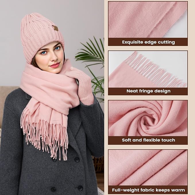 Women Winter Hat Beanie+Long Scarf+Touch Screen Gloves Set, Warm Clothes Set with Knit Fleece Lined for Women/Men Winter