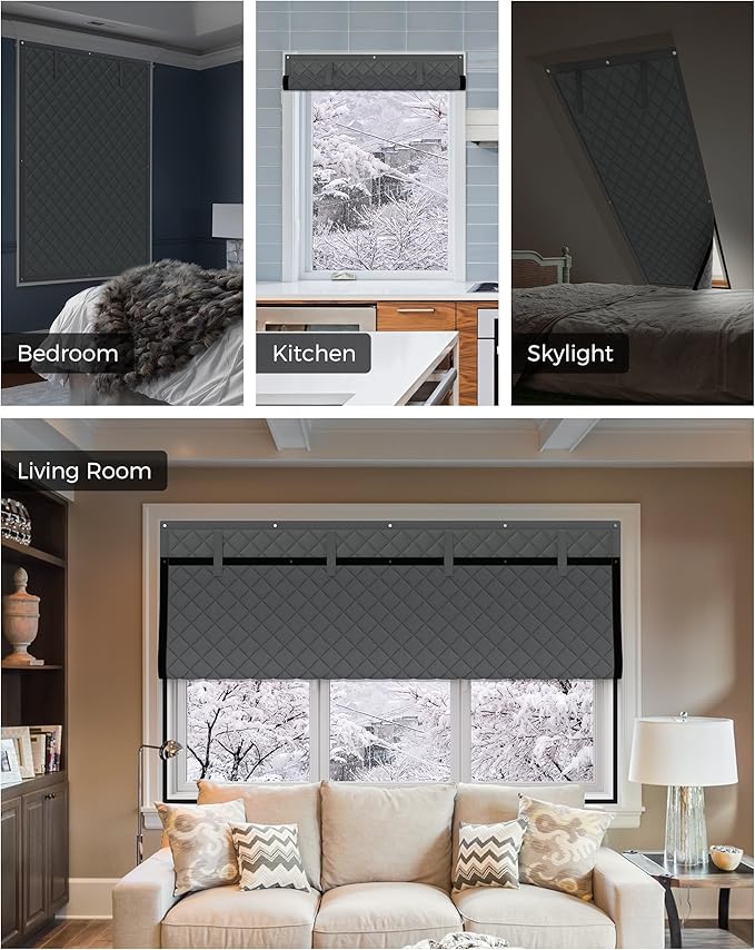 Window Insulation for Winter, Curtain Size 42 x 32 Inch, Thermal Insulated Window Cover Kit, Oxford Cloth Thick Cotton Filled, Fits up to 40'' × 30'' Windows, Grey