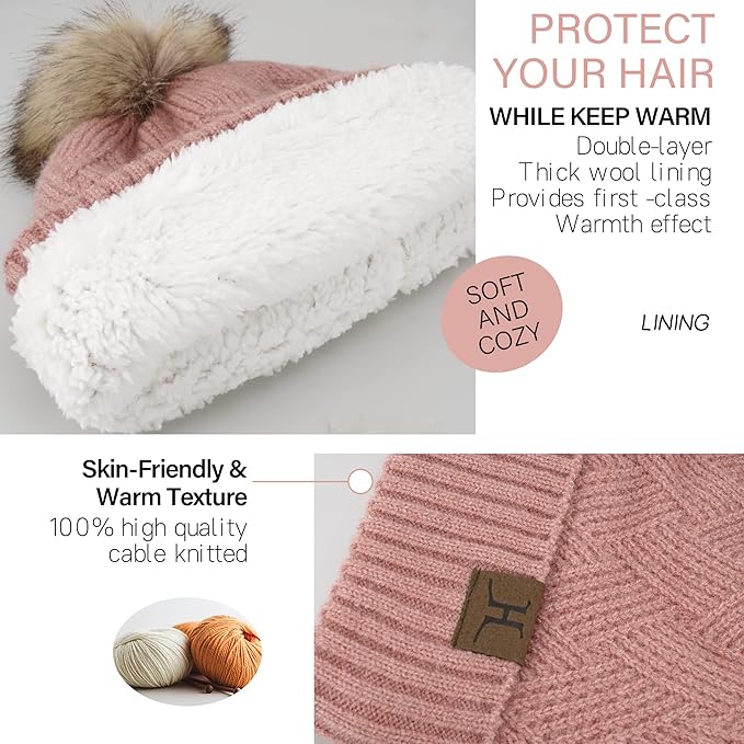 Womens Winter Warm Knit Beanie Hat Long Scarf Touchscreen Gloves Set with Fleece Lined Pom Skull Cap Gifts for Women
