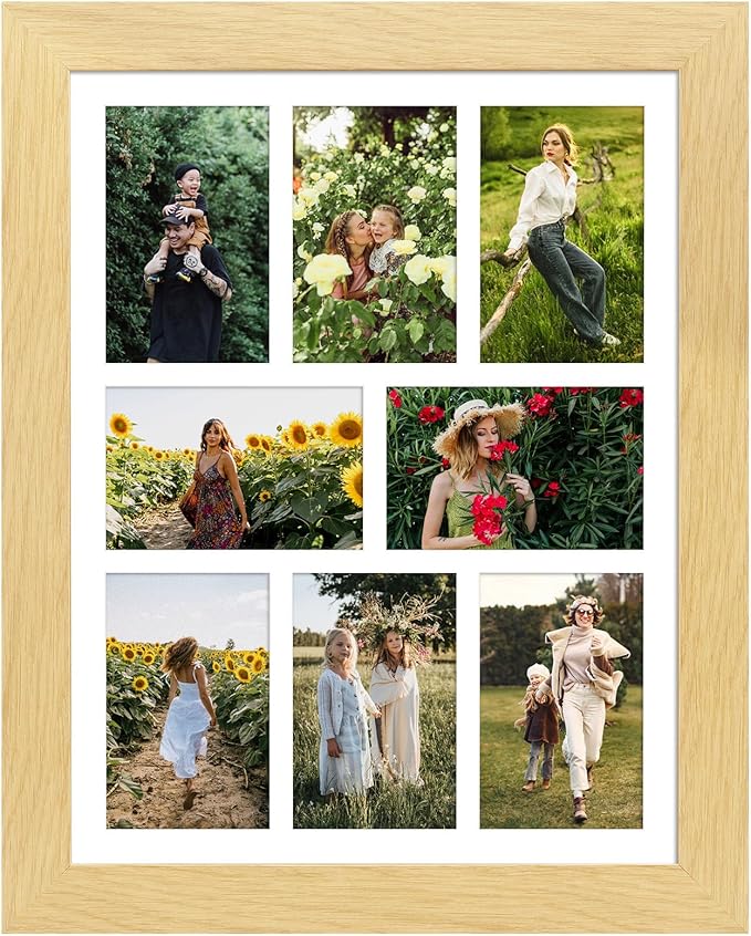 13x17 Picture Frame Display 8 opening 4X6 Picture Frame Collage,Multi Photo Frame with Mat,Plexiglass,Wall or Tabletop Decor,Natural Wood Grain