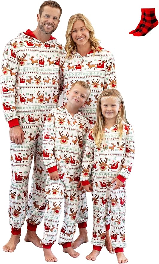 PATPAT Matching Family Christmas Onesie Pajamas – Holiday Hooded Jumpsuit Sleepwear PJs Couples Xmas Loungewear with Socks