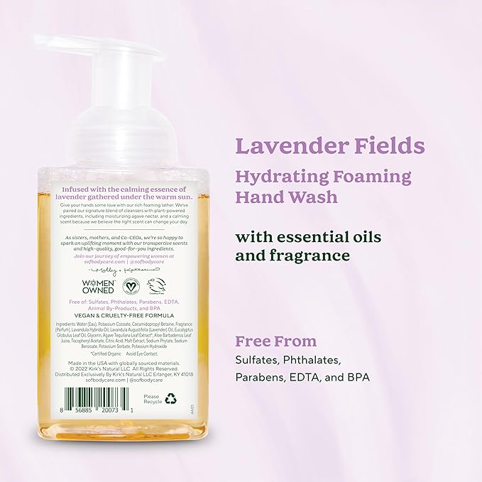 SoF Hydrating Foaming Hand Wash - With Organic Agave Nectar & Coconut Oil- Vegan & Non GMO- Free From Phthalates, Sulfates & Parabens- Lavender Fields- 8 oz Bottle 6 Pack