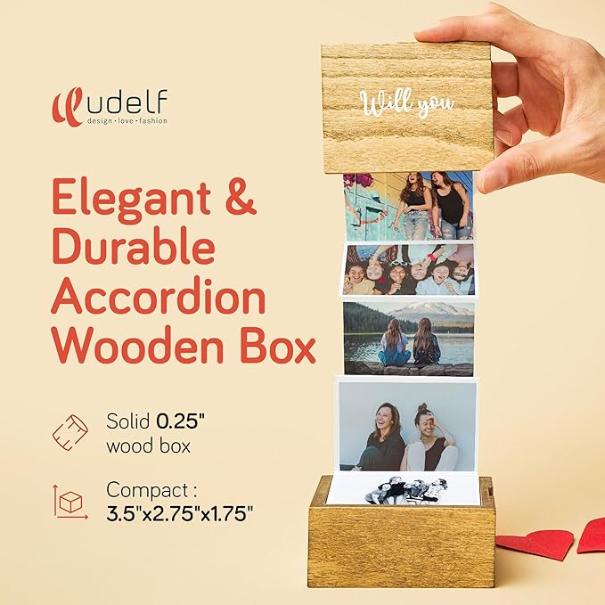 udelf Bridesmaid Proposal Box – Rustic Wooden Accordion Photo Pull Out Box with “Will You Be My Bridesmaid?” Design – Keepsake Gift for Bridesmaid or Maid of Honor Proposal – 14 Photos 3"x2"