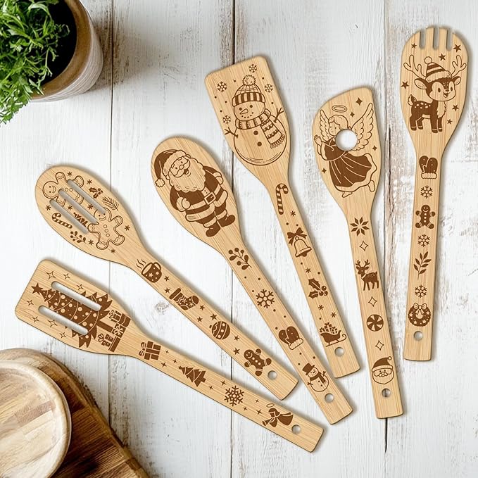 CUTHOLLOW 6PCS Christmas Wooden Kitchen Cooking Utensil Set, 11.9in Non Toxic Bamboo Wood Spoon Set for Cooking, Best Housewarming Birthday Thanksgiving Christmas Gift for Women Mother