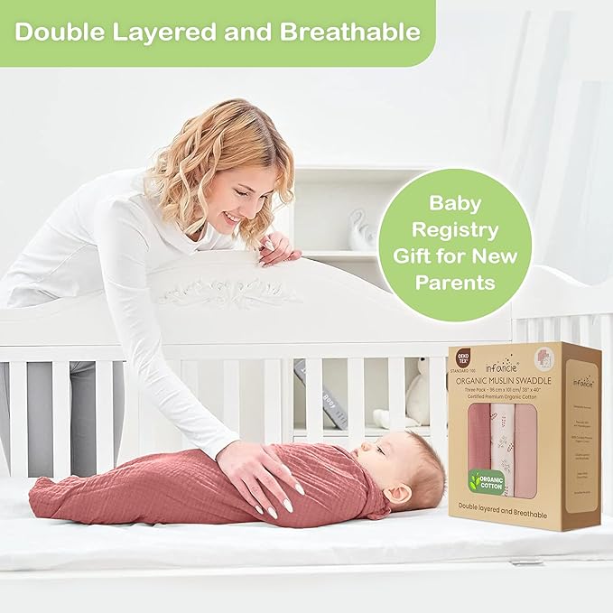 Organic Cotton Muslin Baby Blanket 3 Pack - 38x40 Inch Breathable Swaddle, Hypoallergenic Double-Layer, Versatile Use (Pink, Floral, Rust, 38x40 Inch)