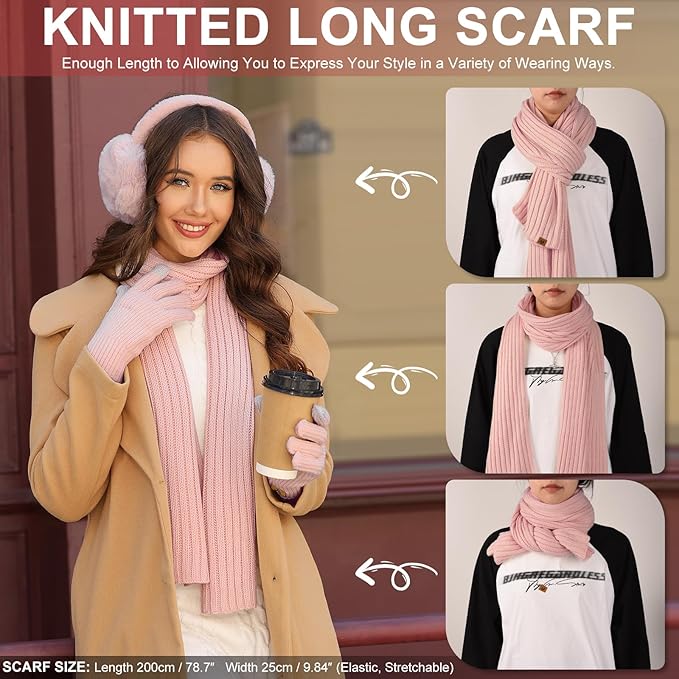 UMIPUBO Winter Beanie Hats Scarf Touch Screen Gloves Fuzzy Socks Ear Muffs 5pcs Set for Women Winter Ski Outing Set