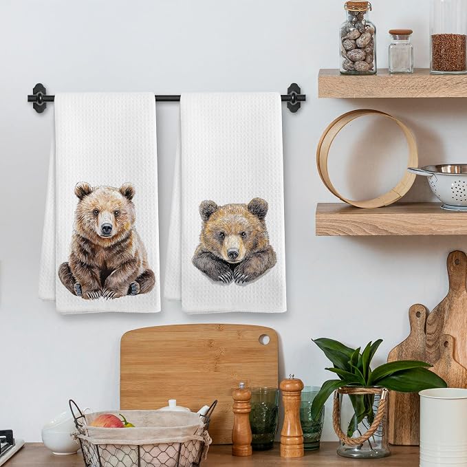 Funny Bear Kitchen Towels and Dishcloths Sets of 2, Bear Decor Gifts, Woodsy Rustic Cabin Lodge Forest Mountain Nursery Camper Home Decor Dish Hand Tea Towels for Bathroom Kitchen, 16x24 Inch