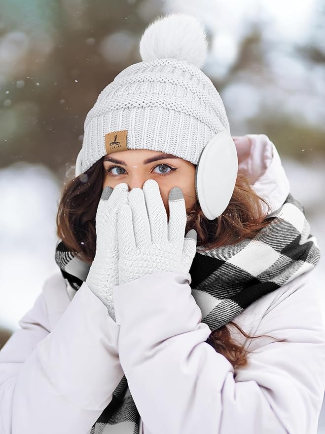 Winter Hat Scarf Gloves and Ear Warmer, Knit Warm Beanie Hat Touch Screen Gloves Long Knitted Plaid Scarf Set Gifts for Women