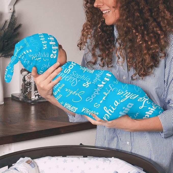 Swaddle Blanket with Hat Set Newborn Name Lettering Blue Receiving Blankets Baby Swaddle Wrap Soft Sleep Sack for Baby Boys and Girls