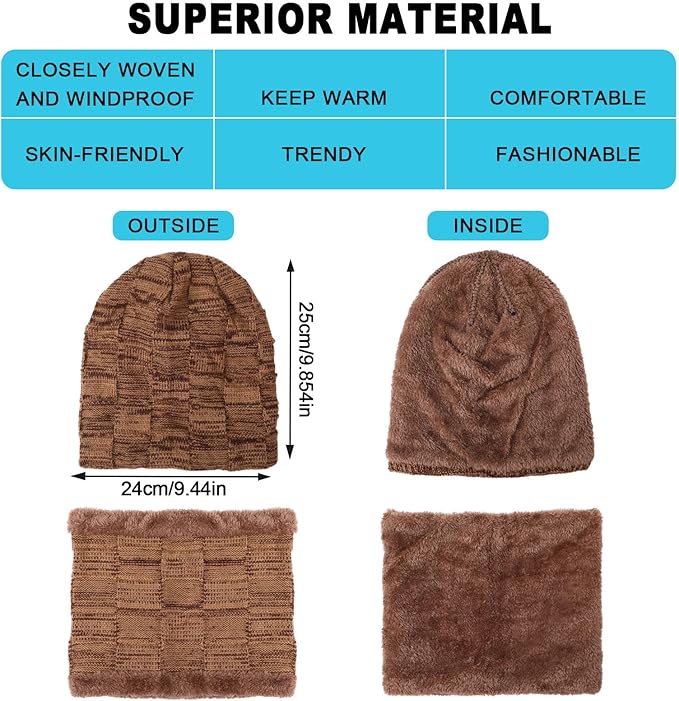 Winter Fleece Lined Beanie Hat Scarf Sock Touchscreen Gloves Set for Men Women