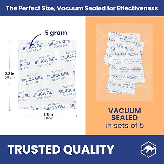 Wallaby 5 gram (250 Packets) Food Safe Pure White Silica Gel Desiccant Dehumidifier Packs - Rechargeable & Coated Moisture Absorbers - Protects Against Moisture Damage - (Packed in 50x Sets of 5)