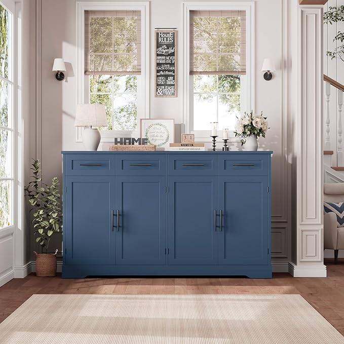 HOSTACK 60" Large Buffet Sideboard with Storage, 36" Tall Kitchen Buffet Storage Cabinet with 4 Drawers, Modern Coffee Bar Cabinet with Gold Handles, Long Sideboard Buffet Table for Kichen, Blue