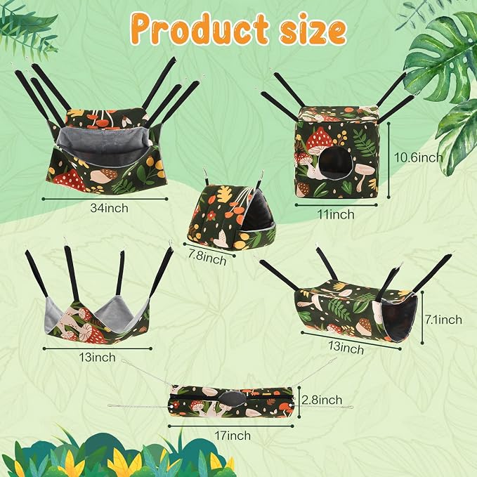 6 Pack Small Animal Hammock Set, Ferret, Guinea Pig, Rat Hanging Bed & Hideout Tunnel, Cozy Washable Cage Accessories for Hamster, Chinchilla, Sugar Glider