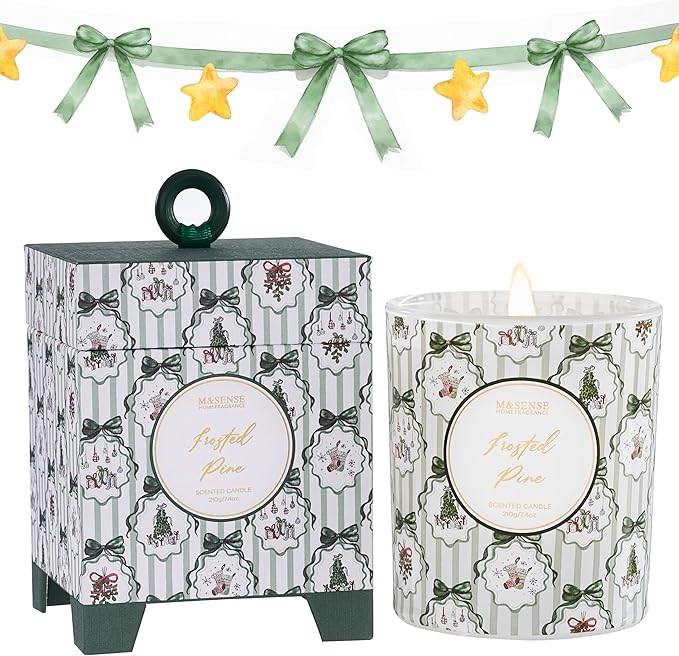 M&SENSE Christmas Holiday Candle - Frosted Pine Scent, 7.4oz Soy Wax, Winter Scented Candle Gift for Women and Teen Girls
