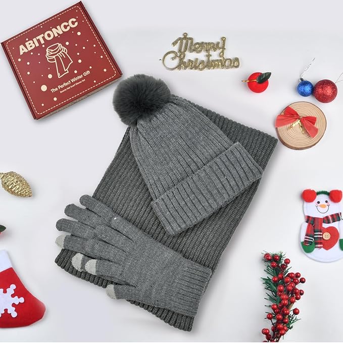 Winter Beanie Hat Scarf Gloves Set for Women, Fleece Knit Pompom Beanie Neck Warmer Long Scarf Touchscreen Gloves 3 in 1 Set