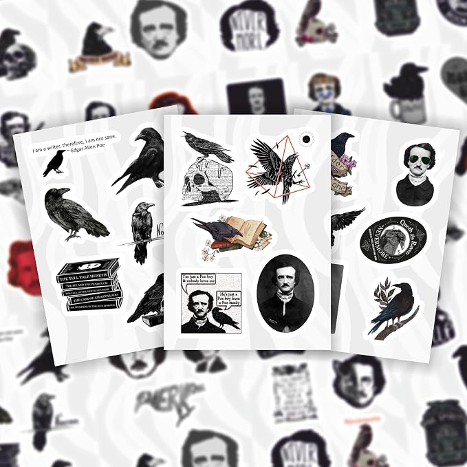 100Pcs Edgar Allan Poe Stickers for Water Bottle and Laptop - Edgar Allan Poe Party Supplies & Decorations, Waterproof Vinyl Decals, Literature and Gothic Stickers, Gifts for Women & Men
