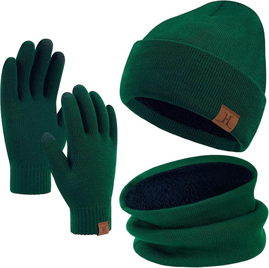 Winter Beanie Hat Scarf Touchscreen Gloves Set for Men and Women, Beanie Gloves Neck Warmer Set with Warm Knit Fleece Lined