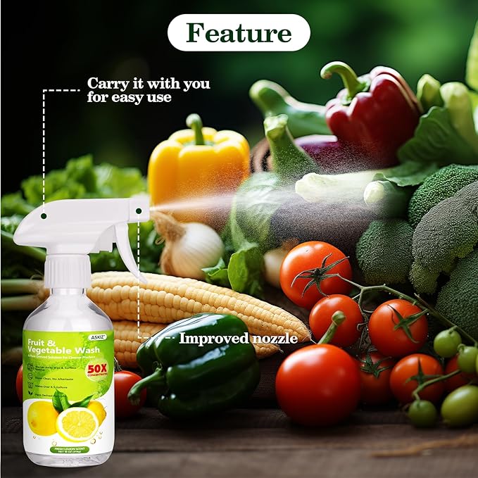 Fruit & Vegetable Wash,13 Gallons Lemon Produce Wash and Clean,Fruit Cleaner Comes With an Improved Nozzle Bottle,Multi Purpose Cleaner Removes Wax, Dirt and Surfaceues