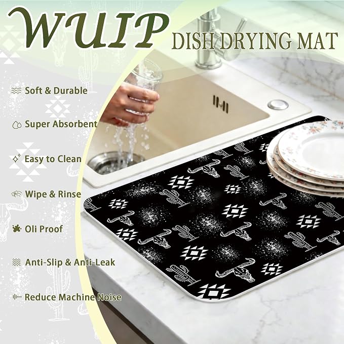 Black Western Dish Drying Mats for Kitchen Counter, Boho Western Cow Skull Aztec Cactus Absorbent Reversible Coffee Bar Mat Drying Pad for Kitchen Decor, 12x15 Inch