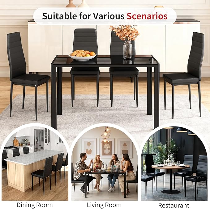 FDW | Dining Chairs Set of 4 | Black | Kitchen Chairs 4 Upholstered Chairs and Faux Leather Cushions | Space-Saving and Modern Design | for Dining Room, Easy to Assemble