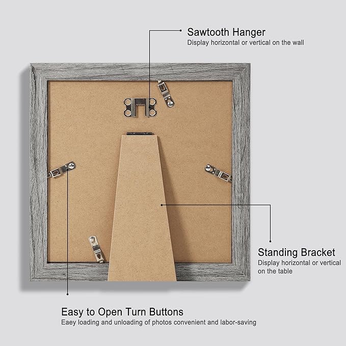 8x8 Picture Frames Set of 4, Made of Glass and Grey Wooden Frame - Display Picture 6x6 with Mat or 8 x 8 Without Mat, 8 by 8 Photo for Wall or Tabletop
