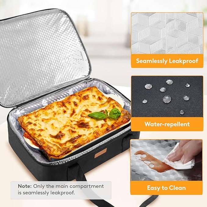 LUNCIA Insulated Single Decker Casserole Carrier, Lasagna Lugger Tote Keeps Food Hot or Cold, Thermal Lunch Bag for Potluck Parties, Picnic and Cookouts, Fits 9" x 13" Baking Dish, Black